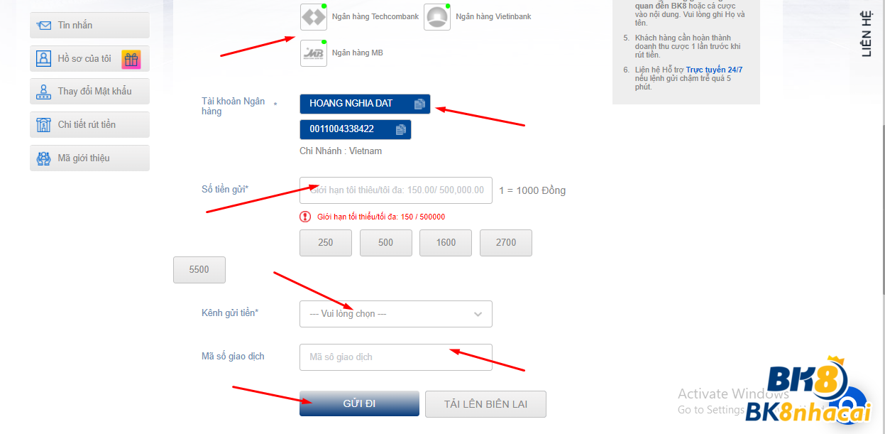 Các thông tin cần điền sau khi gửi tiền BK8